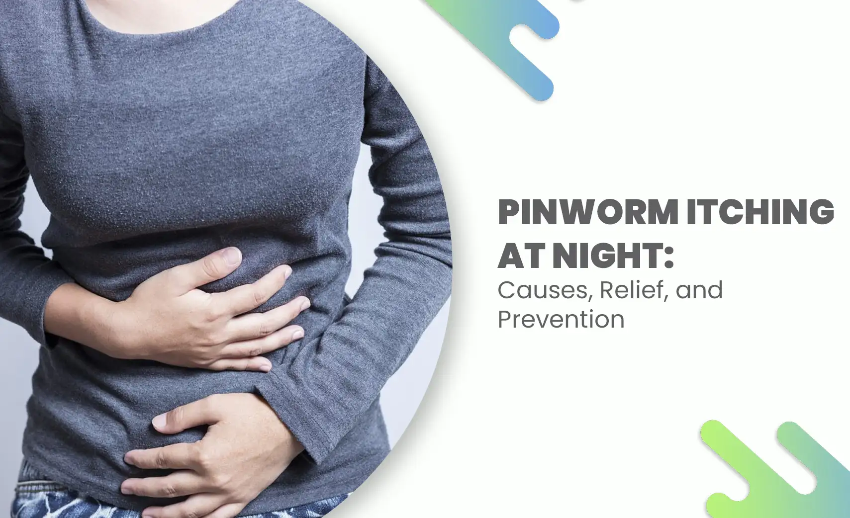Person clutching stomach due to discomfort, representing pinworm infection symptoms like nighttime anal itching, used for health awareness.