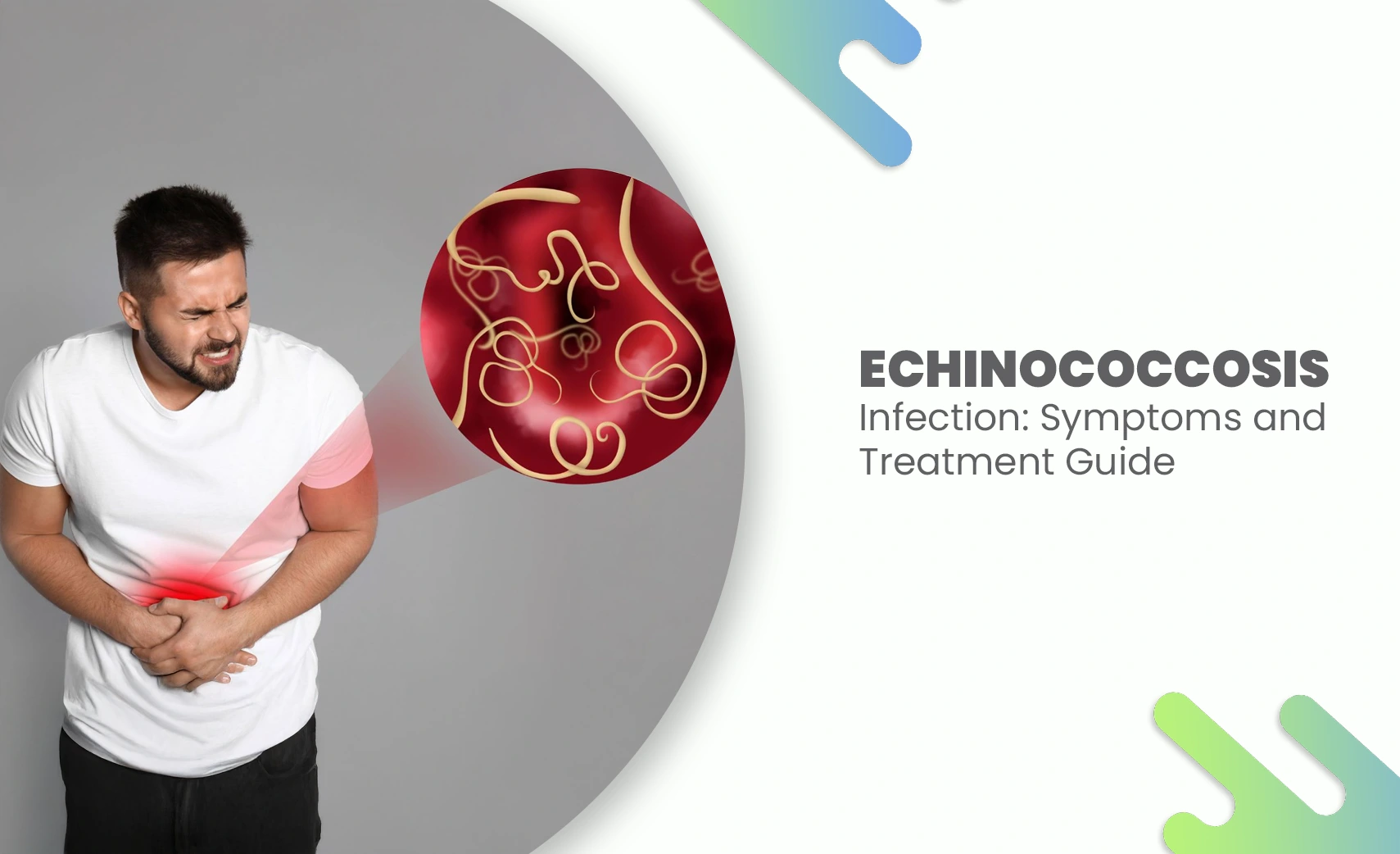 Man clutching stomach showing echinococcosis infection with tapeworm illustration