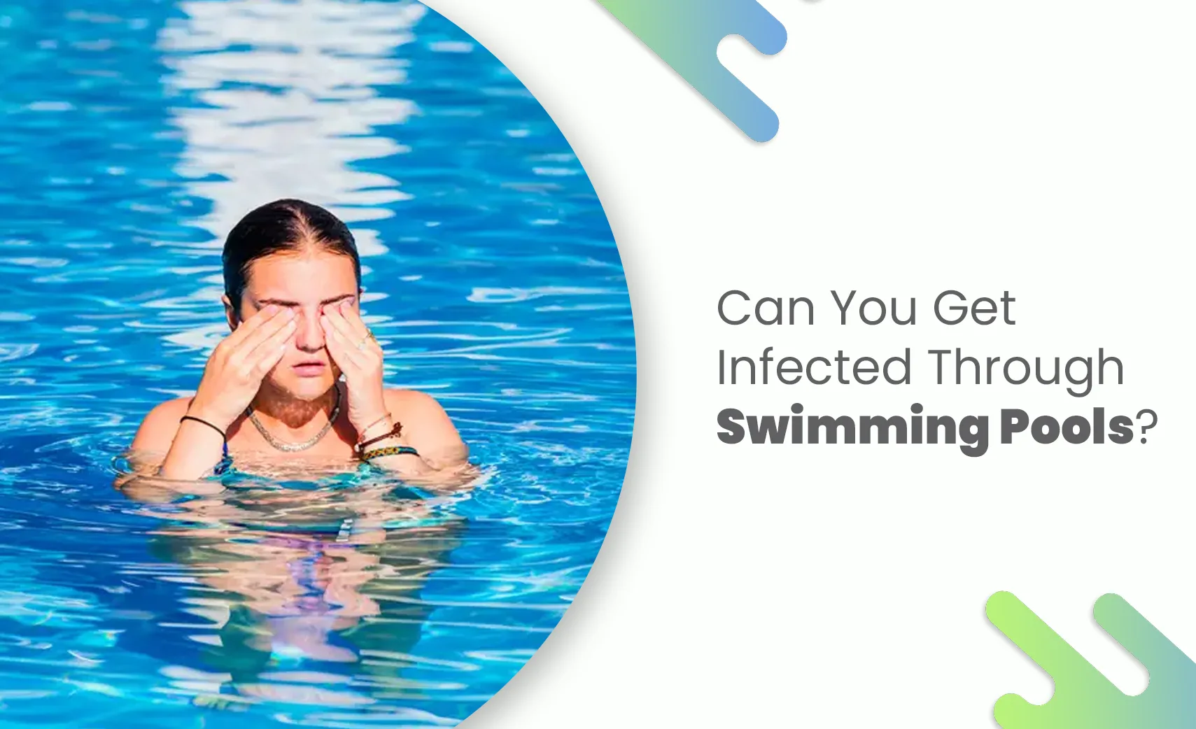 Woman rubbing her eyes while swimming in a pools.