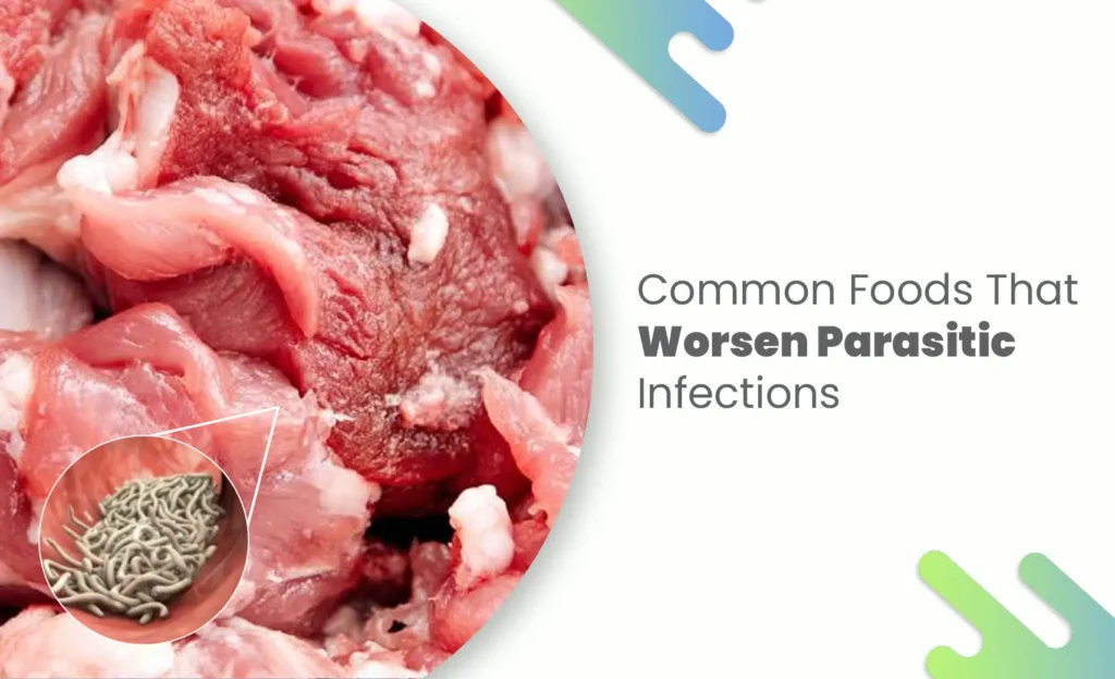 Raw meat showing parasites that can worsen parasitic infections.