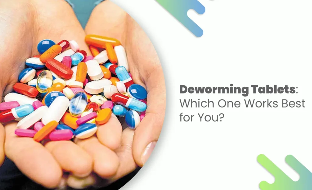 Hands holding various colorful deworming tablets.