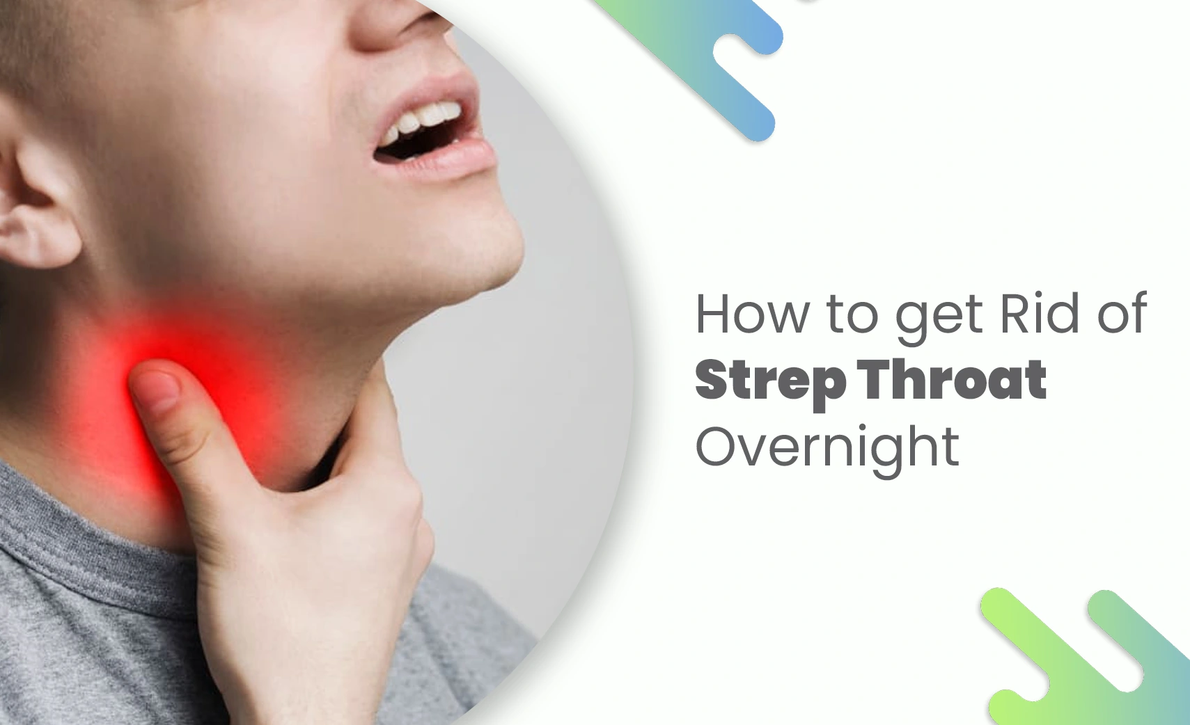 Man holding his sore throat in pain – strep throat relief concept.