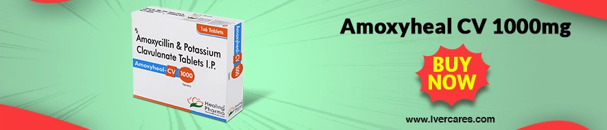 Promotional banner for Amoxyheal CV 1000mg antibiotic tablets