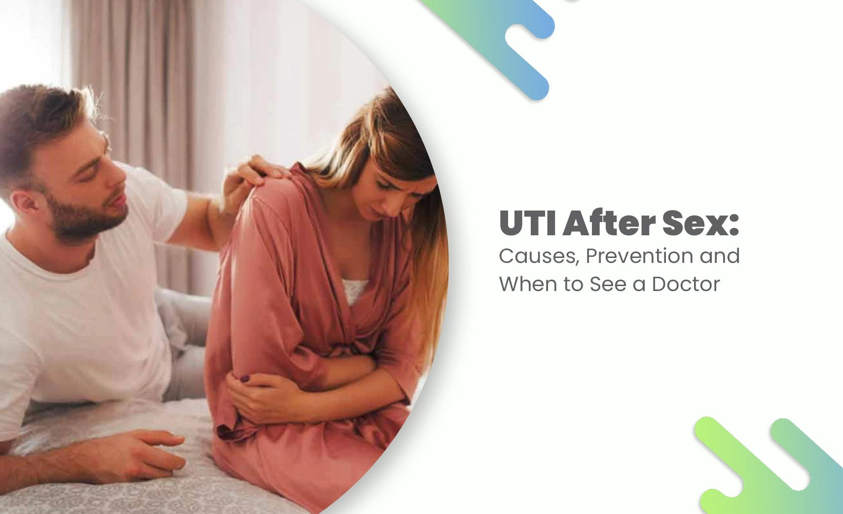 Couple on bed, woman holding lower abdomen in discomfort from UTI after sex