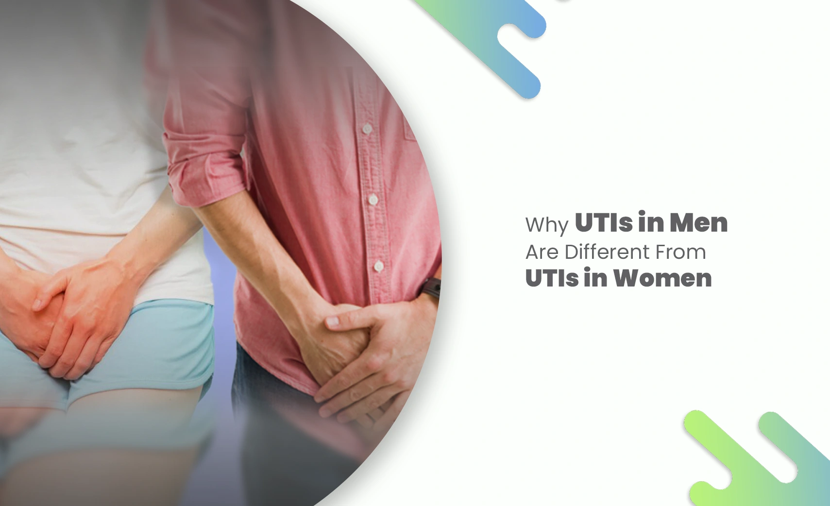 People holding their lower abdomen, representing UTIs in men and women.