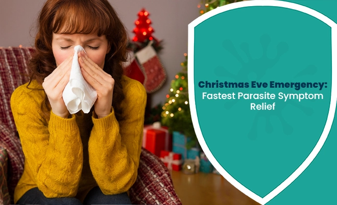 Woman blowing nose on Christmas Eve, struggling with parasite symptoms relief