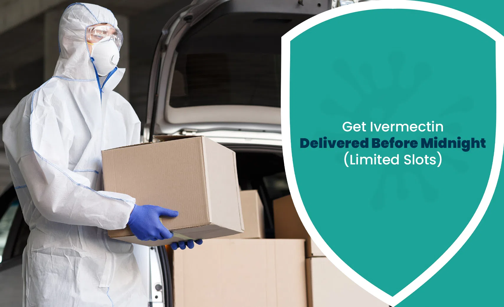 Courier in protective gear loading ivermectin packages into a delivery vehicle at night