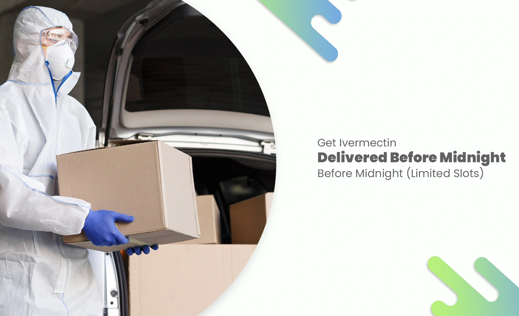 Courier in protective gear loading ivermectin packages into a delivery vehicle at night