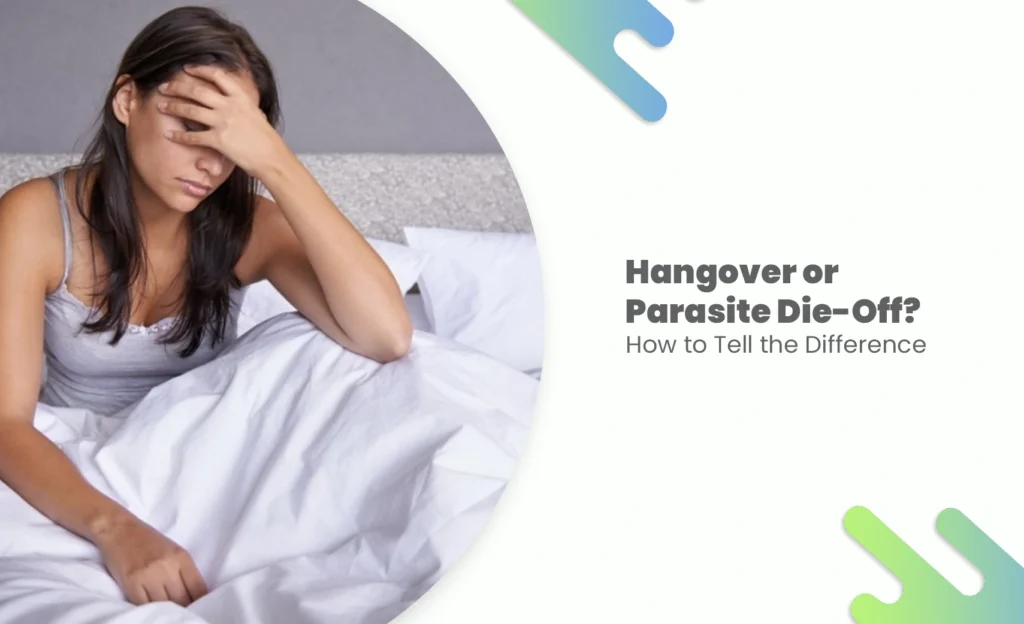 Woman in bed with headache, illustrating hangover or parasite die-off symptoms difference