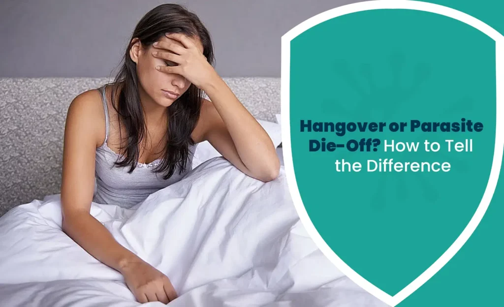 Woman in bed with headache, illustrating hangover or parasite die-off symptoms difference