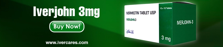 Promotional banner for Iverjohn 3mg Ivermectin tablets with "Buy Now!" button and website