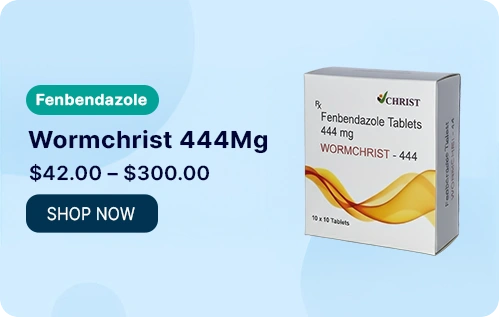 Banner image showing a box of Wormchrist 444 mg (Fenbendazole) tablets with pricing ($42.00–$300.00) and a “Shop Now” button on a light blue background.