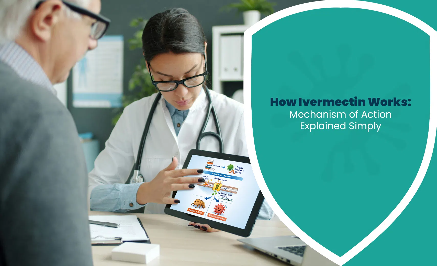 Doctor explaining how ivermectin works and its mechanism of action to a patient using a medical tablet
