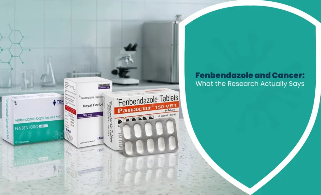 Fenbendazole and Cancer research banner showing fenbendazole tablets and capsules with medical background