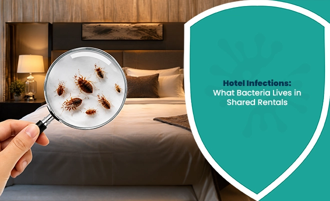 Hotel Infections illustration showing bacteria on a hotel bed with a magnifying glass in a shared rental room.