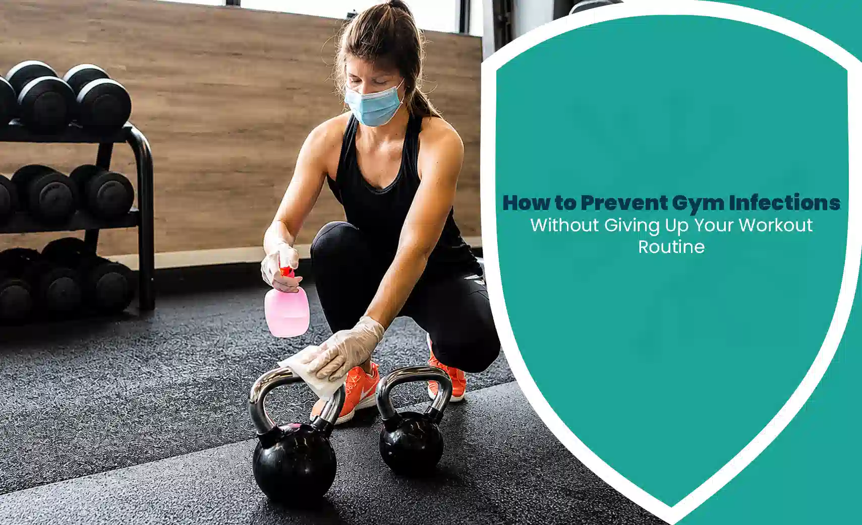 Person disinfecting gym equipment to prevent gym infections and maintain proper workout hygiene.