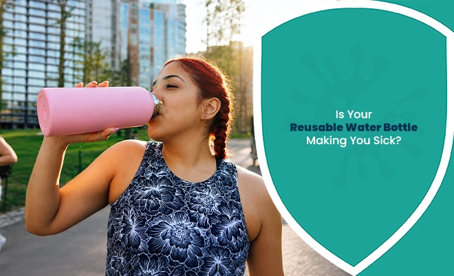 Bottle bacteria health risks shown with a person drinking from a reusable water bottle outdoors