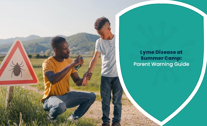 Parent examining a child for tick bites outdoors during summer camp with Lyme disease awareness sign.
