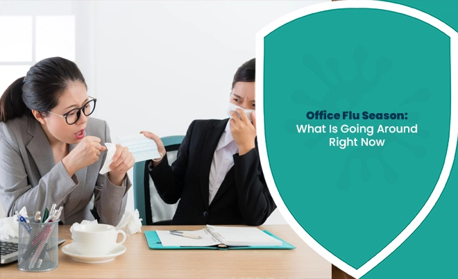 Office Flu spreading in a workplace as employees cough and show flu-like symptoms in an office