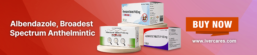 Albendazole broad-spectrum anthelmintic medicine products displayed in a promotional banner