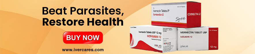 Parasites treatment banner featuring ivermectin tablets and parasite health message