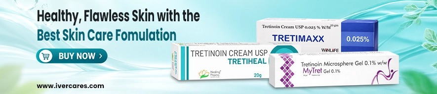 Types of acne skincare banner featuring tretinoin cream products for acne care