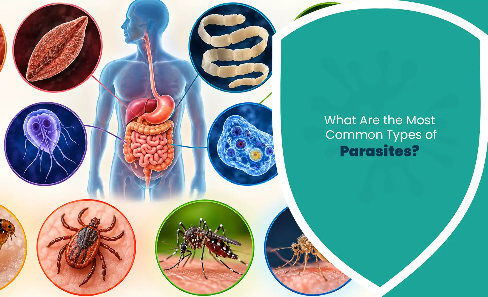 Types of parasites affecting the human body, including worms, protozoa, mites, ticks, and mosquitoes.
