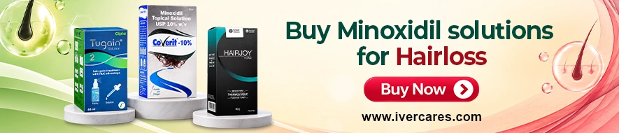 Minoxidil solutions for hair loss featuring topical hair care products from Ivercares.