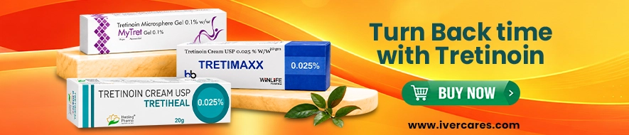 Tretinoin cream products for acne care and skin renewal displayed in an Ivercares promotional banner
